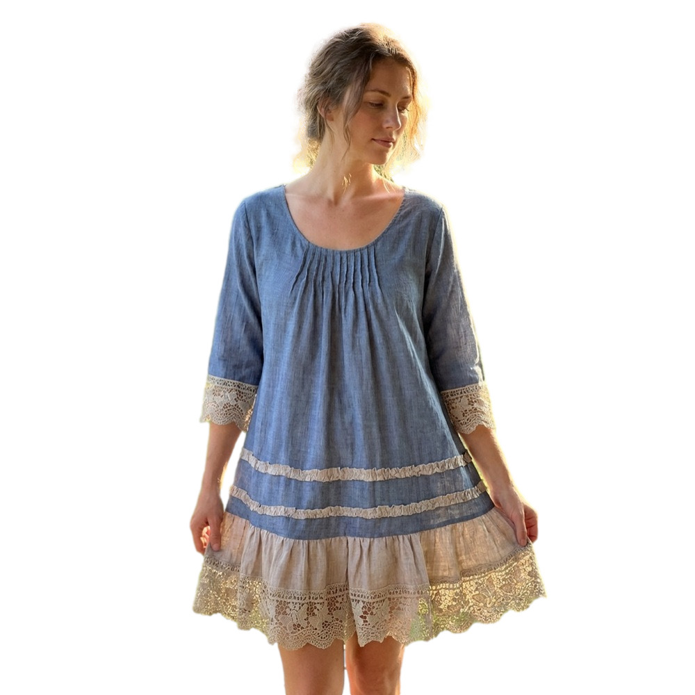 ADORN medium Indigo and Lace Bohemian Dress Peasant Mini